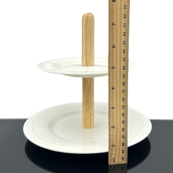 2 Tier Serving Tray White Porcelain Wood Bread and Butter Australia Farmhouse - Picture 9 of 12